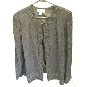 Vtg Laurence Kazar Heavily Beaded Jacket Black Silk Lined Sz M Cruise Formal